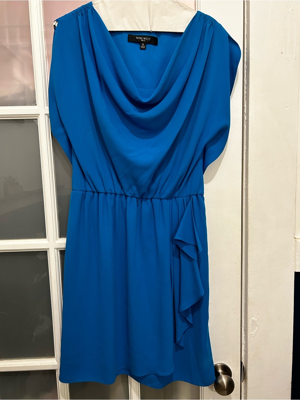 Nine West Bright Blue Cowl Neck Ruffle Trim Fit And Flare Dress Size 4